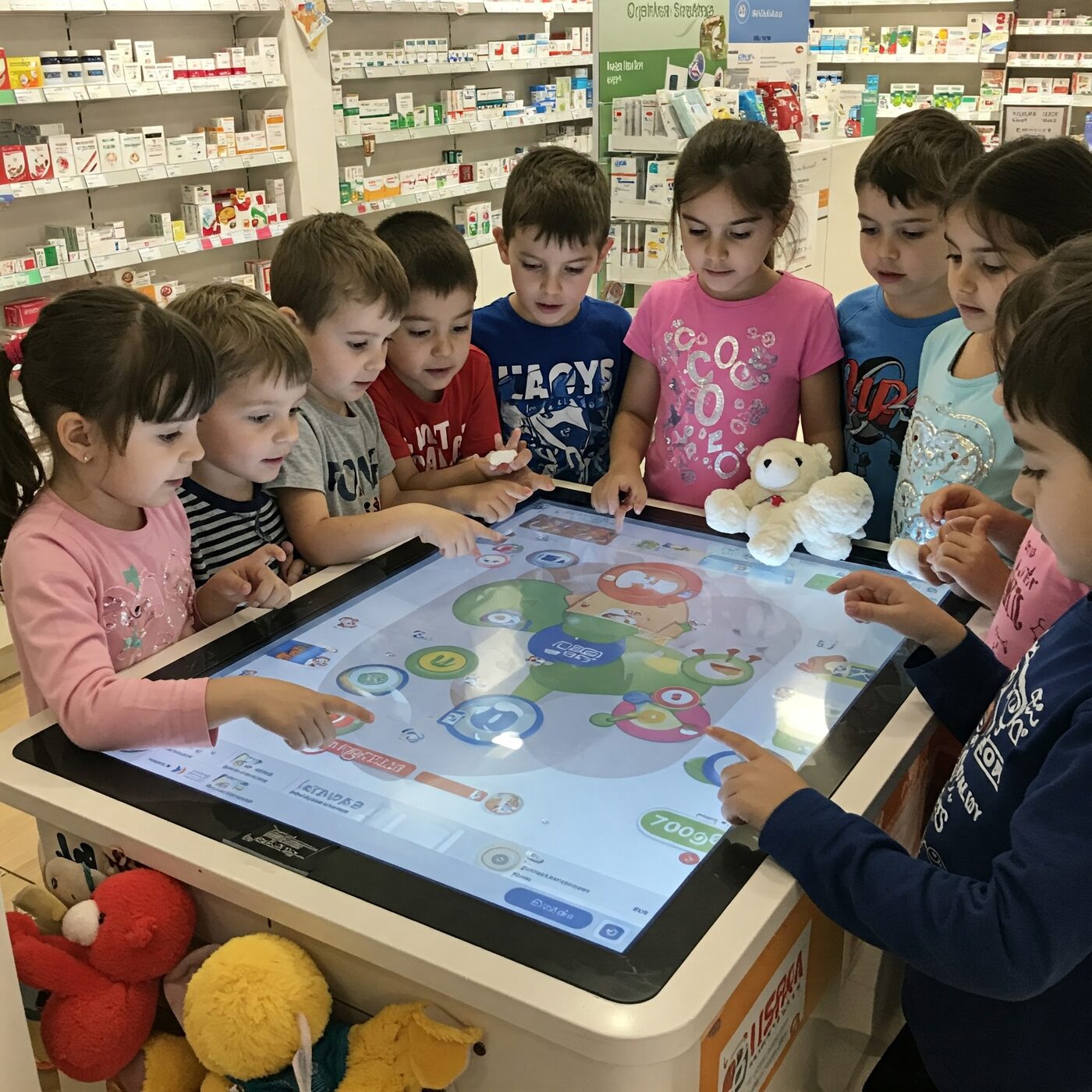 Groupe d'enfants réunis autour d'une table tactile dans une pharmacie