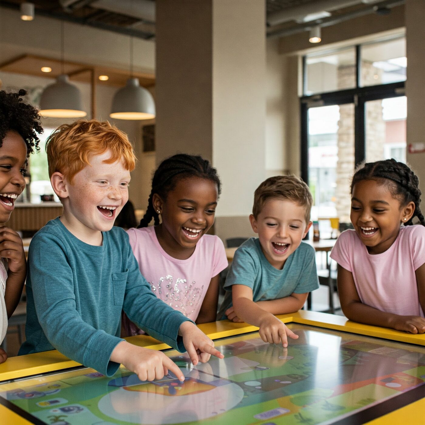 Enfants autour d'une table tactile dans un restaurant